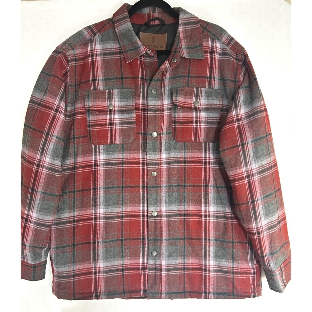 Free Country Mens XL Red Grey Plaid Quilted Flannel Shirt Jacket Shacket Snap Up